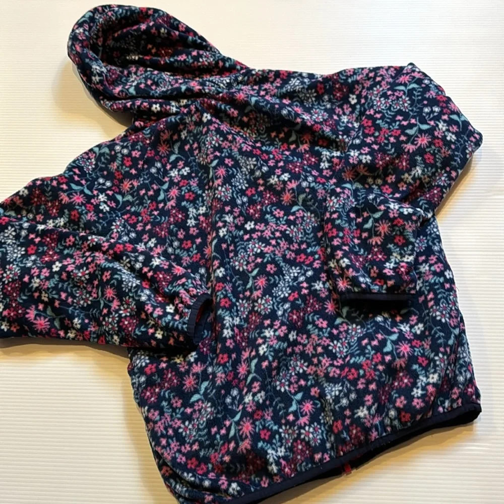 Eddie Bauer pink & blue, flowered reversible hooded jacket.  Girls size large